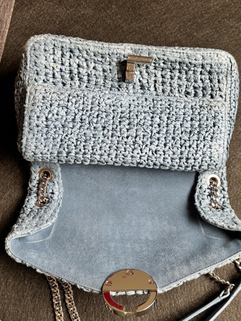 Sandro Raffia YZA Blue Woven Shoulder Bag with Chain Strap - Picture 13 of 14